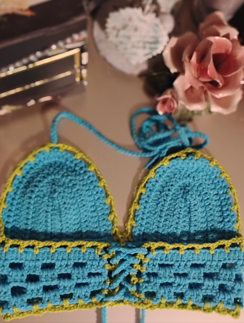 Handmade Crochet Bralette - Turquoise with Lime Trim - Picture 10 of 11